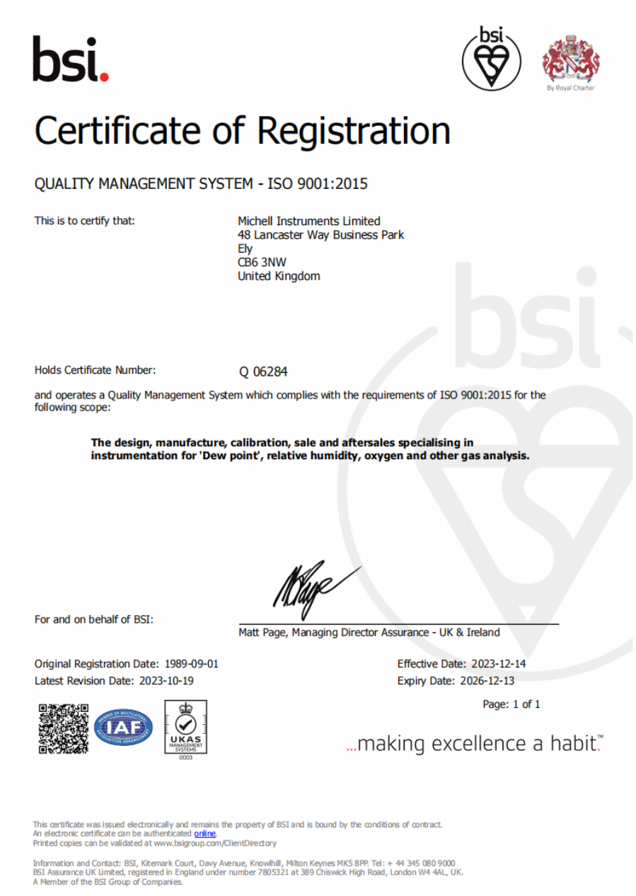 Dew Point Analyzer — Quality Management System Certificate