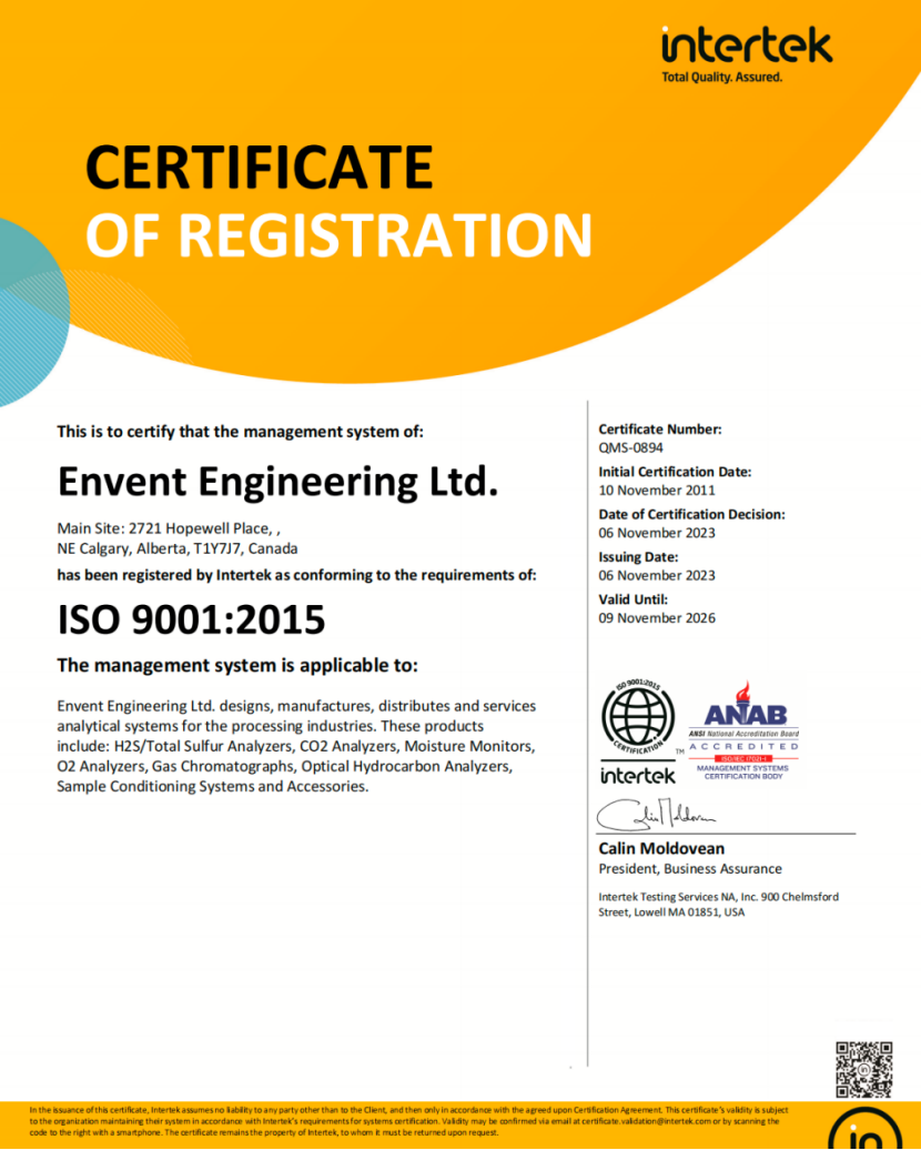 H2S/Total Sulfur Analyzer — Quality Management System Certificate